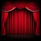 A formal red stage curtain featuring an arched entrance enhances the aesthetic appeal of the theatrical performance.