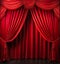 A formal red stage curtain featuring an arched entrance enhances the aesthetic appeal of the theatrical performance.