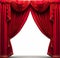 A formal red stage curtain featuring an arched entrance enhances the aesthetic appeal of the theatrical performance.