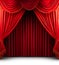 A formal red stage curtain featuring an arched entrance enhances the aesthetic appeal of the theatrical performance.