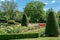 Formal rosarium with trimmed bushes