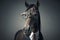 Formally dressed horse sporting glasses in portrait. Generative AI