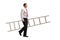 Formally dressed man holding a ladder and walking