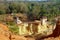 Formation pedestal mushroom rocks of Phae Mueang Phi Forest Park originated from soil landscape and natural erosion of sandstone