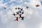 Formation skydiving. A group of skydivers is in the winter season.