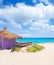 Formentera tropical purple hut on turquoise beach