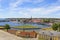 Former military barracks on the outskirts of the Kronborg castle, view of the Oresund Strait and city panorama, Helsingor, Denmark