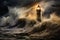 A formidable lighthouse bravely endures an enormous wave rushing towards it, Thunder, lightning, and high waves surround a