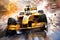 A Formula 1 race, competing at high speed on a modern track. The victorious driver celebrates. Extraordinary skill, courage, and