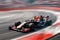 Formula One race. Black fast racing car speed driving on track. Motion blurred