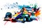 formula one race red car on watercolor rainbow splash, isolated on white. Neural network generated art