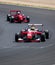 Formula single seater sport racing cars couple challenging action on asphalt track turn