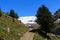 Forni glacier mountain panorama, signpost and hiking path in Ortler Alps