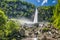 Foroglio waterfall with Swiss Alps in canton Ticino, Bavona valley, Switzerland, Europe