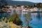 Forrest mountains and viilage in the sea harbor on island in croatia