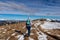 Forstalpe - Woman with hiking backpack walking on snow covered alpine meadow on trail from Ladinger Spitz