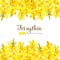 Forsythia suspensa, fluffy blossoming yellow spring tree card template. Golden Bell, flowers frame top and bottom