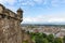 Fortification and view over the roofs of Edinburgh from Edinburgh Castle on a cloudy day, Edinburgh, Scotland, Europe