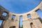 Fortification wall of a ruin of a ancient castle in Poland. Janowiec Castle. Wide perspective view with blue sky in the background