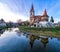 Fortified church of Cristian from Sibiu Hermannstadt. Transylvania, Romania, Medieval Church reflection in water. Medieval Archite