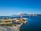 Fortress and bridge of Rio Antirio, Patra, Greece. Aerial drone bird`s eye view photo.