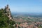 The fortress, first tower, at the foot of the mountain city. Summer sunny day. Pass of the witches. vertical photo Fortification