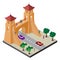 Fortress gate, trees, roadway, cars and people. Isometric east asia cityscape