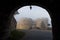 Fortress gates and towers in fog at autumn sunny morning, Kalemegdan, Belgrade