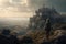 Fortress on the Horizon: Stunning 3D Render of a Woman Gazing upon an Epic Landscape