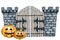 Fortress metal gates and autumn smiling pumpkins for Happy Halloween. Hand drawn watercolor illustration isolated on