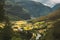 Fortun, Sogn Og Fjordane County, Norway. Beautiful Valley In Norwegian Rural Landscape. Jostedola River In Summer Day