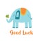 Fortune symbol Good luck baby elephant with clover leaf, flower, decorative lucky element isolated
