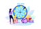 Fortune wheel. Woman with presents and money. Big win in lottery concept. Rotating circle for raffling prizes. Casino or