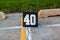 A forty yard line marker ready for a marching band rehearsal in the practice area