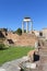 Forum Romanum, view of the ruins of several important ancient  buildings, fragment of the Temple of Castor and Pollux, Rome, Italy