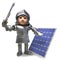 Forward thinking medieval knight in armour has invested in a solar panel, 3d illustration