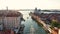 Forwards fly above the Grand Canal of Venice at sunrise, Italy