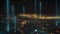 Forwards fly above night city. Aerial view of urban borough and logistic terminal in seaport glowing into dark. Colombo