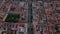 Forwards fly above urban borough. Blocks of old multistorey apartment houses in city. High angle view. Budapest, Hungary