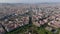 Forwards fly high above metropolis. Parc de la Ciutadella with fountain and cascade, Long straight wide boulevard and