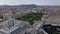 Forwards fly over buildings at Liberty Square. Aerial view of Exchange Palace and Hungarian Parliament building in