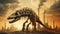 Fossil fuel concept. Dinosaur skeleton amidst industrial smokestacks, symbolizing the ancient origins of oil and its environmental