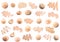 Foundations of various shades and textures for different skin tones and types isolated on white. Set of samples