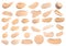 Foundations of various shades and textures for different skin tones and types isolated on white, top view. Set of samples