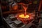 foundry, with close-up of molten metal being poured into mold
