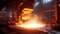 Foundry ladle pouring molten metal in steel industry factory