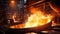 Foundry ladle pouring molten metal in steel industry factory