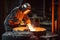 foundry worker, pouring molten metal into mold