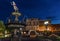 Fountain in Bowling Green`s town square during blue hour