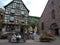 The Fountain in the center of Kaysersberg, surrounded by typical houses in rhenish style.